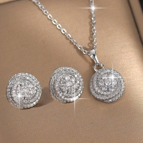 Fashion Jewelry Jewelry - Round Pavé CZ Halo Necklace & Stud Earrings Set – Silver Tone Crystal Jewelry